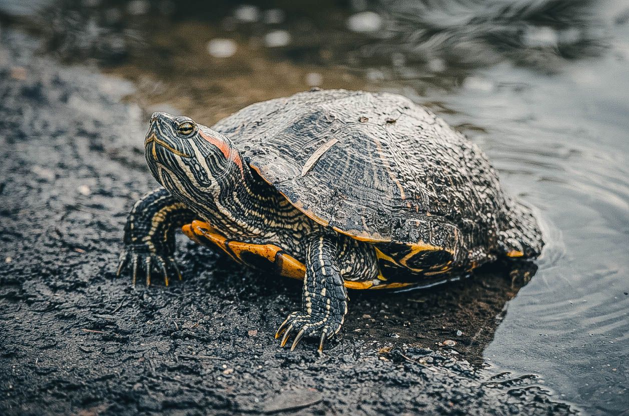A red-eared slider turtle basking on wet dark rocks near water, showing its colorful yellow and orange markings.