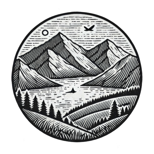 Black and white circular woodcut illustration of mountains, lake, and pine trees.