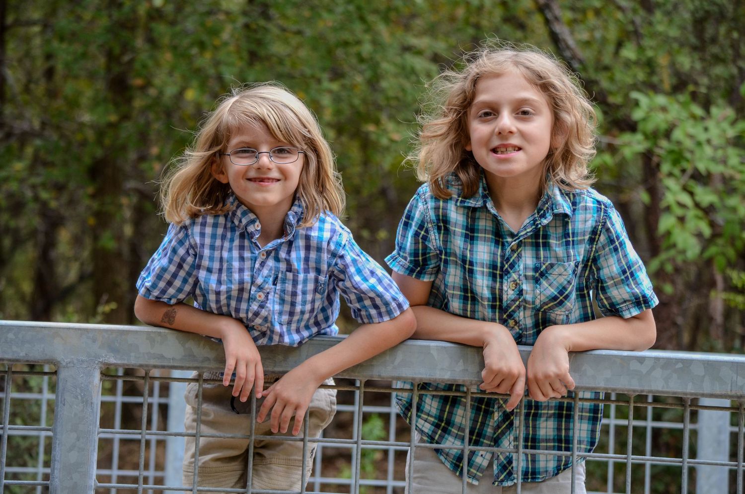 Two blonde boys in plaid shirts leaning on metal railing outdoors in wooded area.