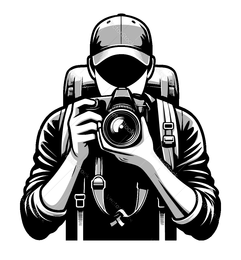 Black and white illustration of a photographer holding a DSLR camera with a backpack.