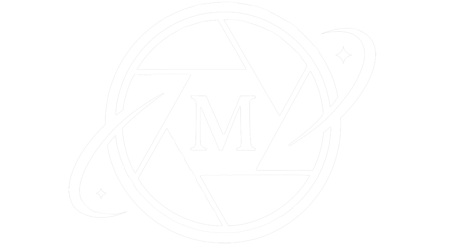Minimalist white outline logo featuring a globe and the letter M with a pencil design.