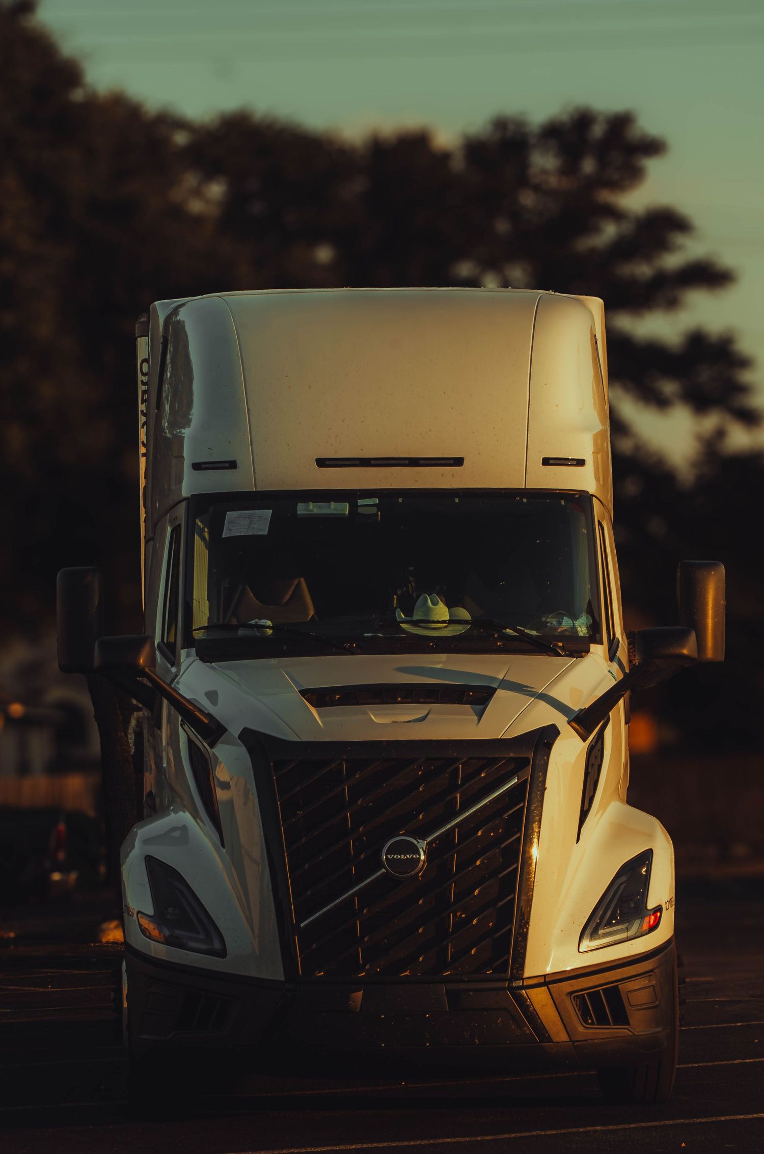 White Volvo semi-truck captured in dramatic golden hour lighting, front view, with trees silhouetted in background.
