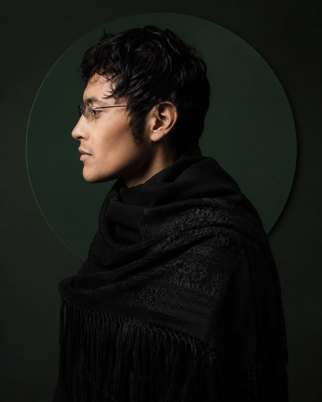 Contemporary Mexican luxury fashion portrait inspired by Puebla heritage, rebozos, and futurist indigenous design.