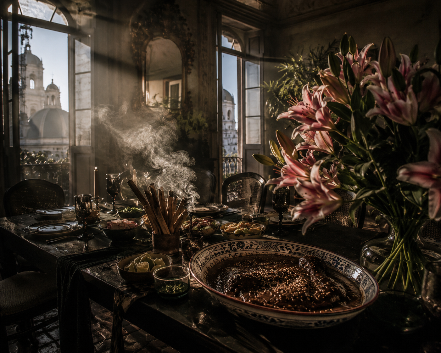Luxury Puebla hospitality interior with mole poblano, colonial architecture, and sensory boutique travel atmosphere.