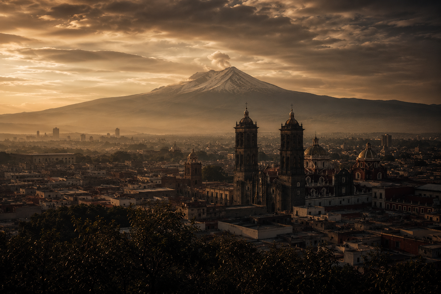 Cinematic aerial landscape of Puebla, Mexico featuring luxury travel, cathedral architecture, and Popocatépetl.