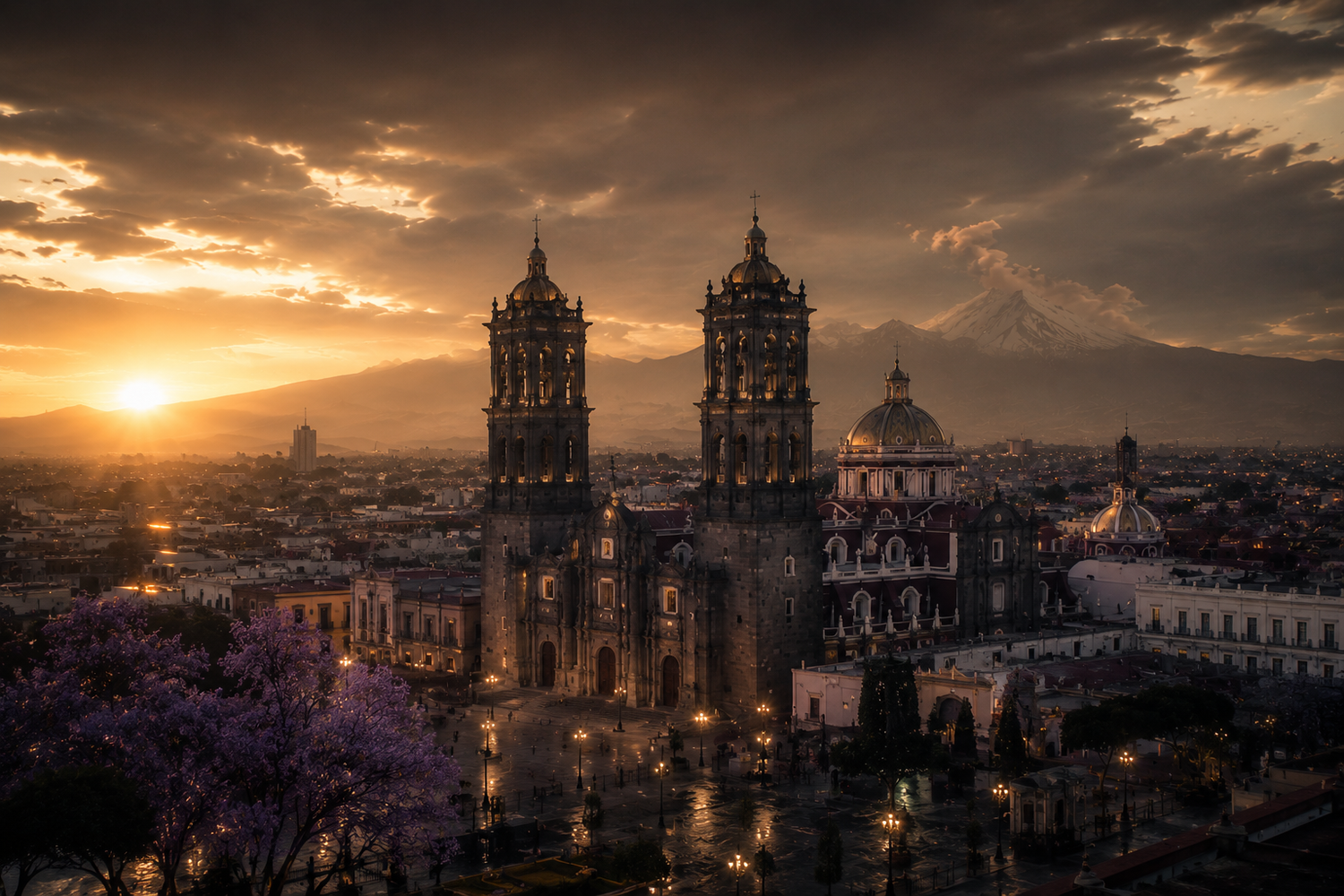 Cathedral of Puebla and Popocatépetl at golden hour in Puebla, Mexico luxury travel and UNESCO cultural tourism.