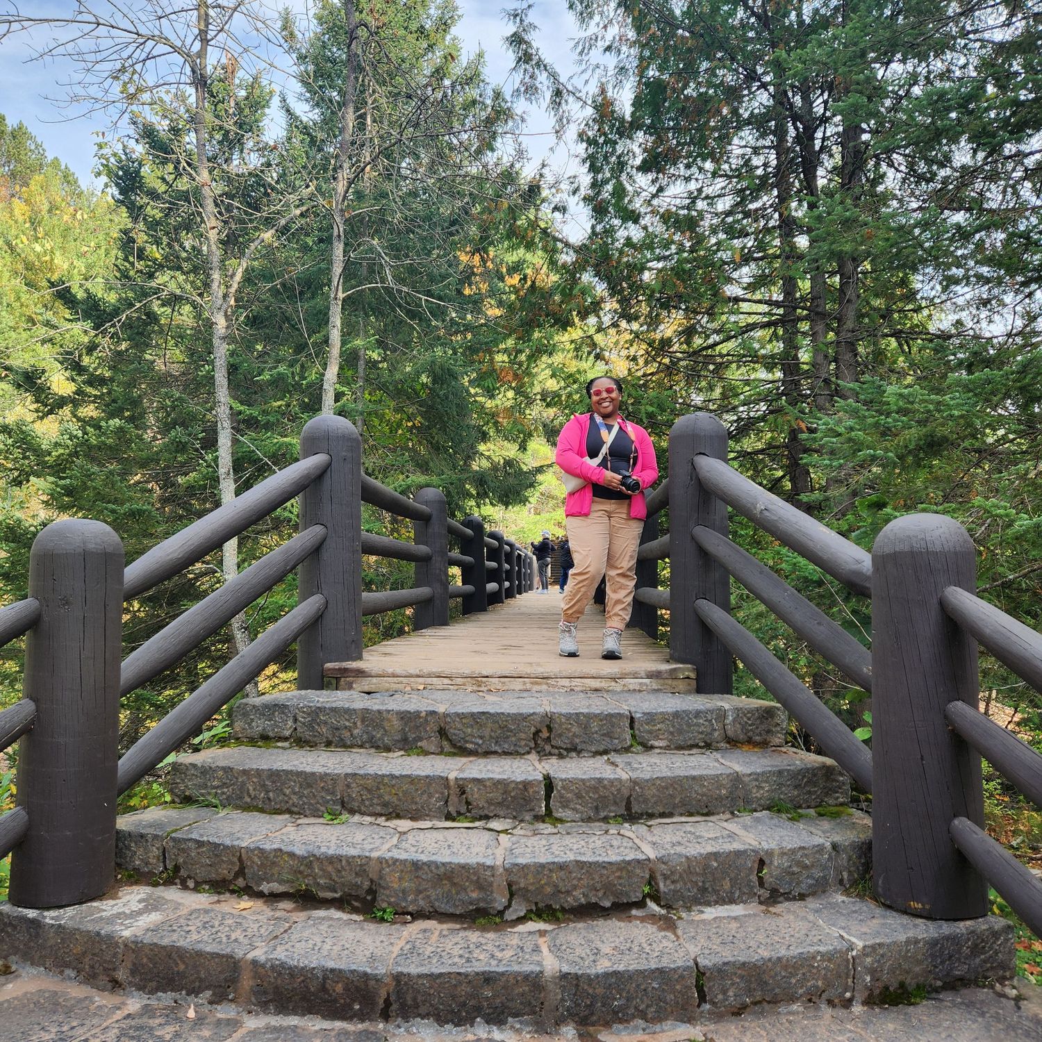 Person standing on wooden bridge in a park surrounded by trees