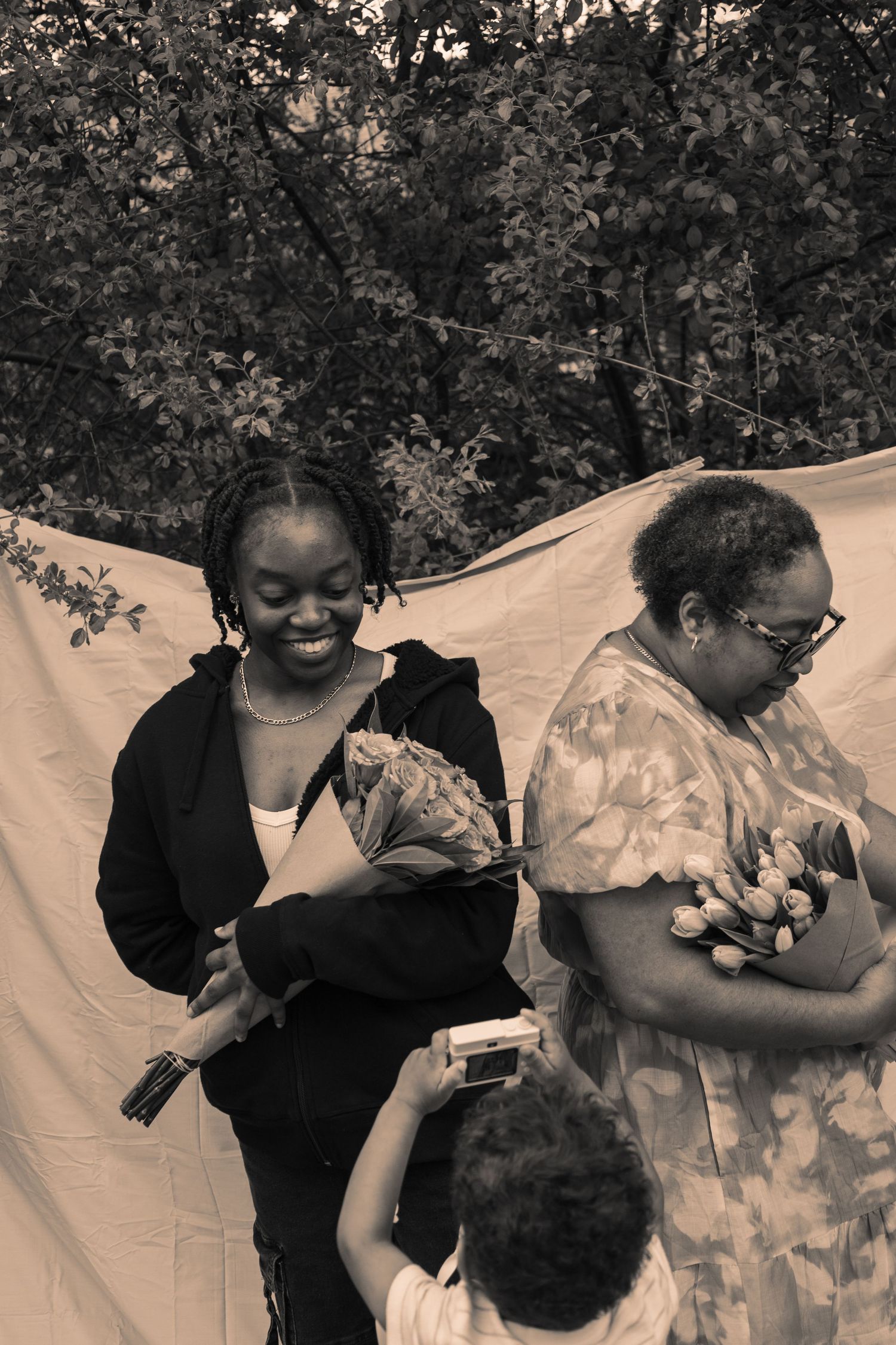 Black and white portrait of two women during an outdoor session