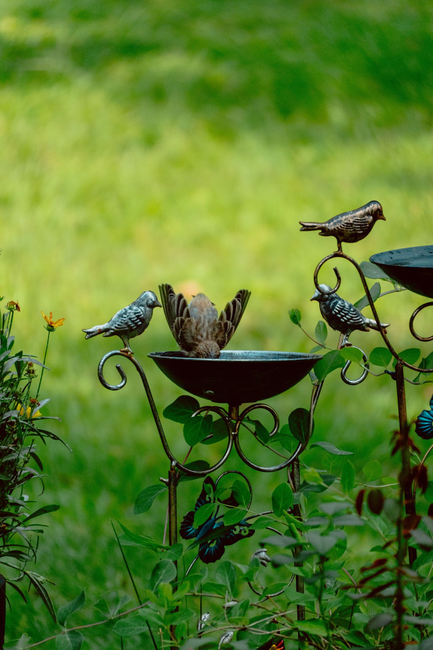 A sparrow bathes in an ornate metal garden bird bath surrounded by decorative bird figurines and green foliage.
