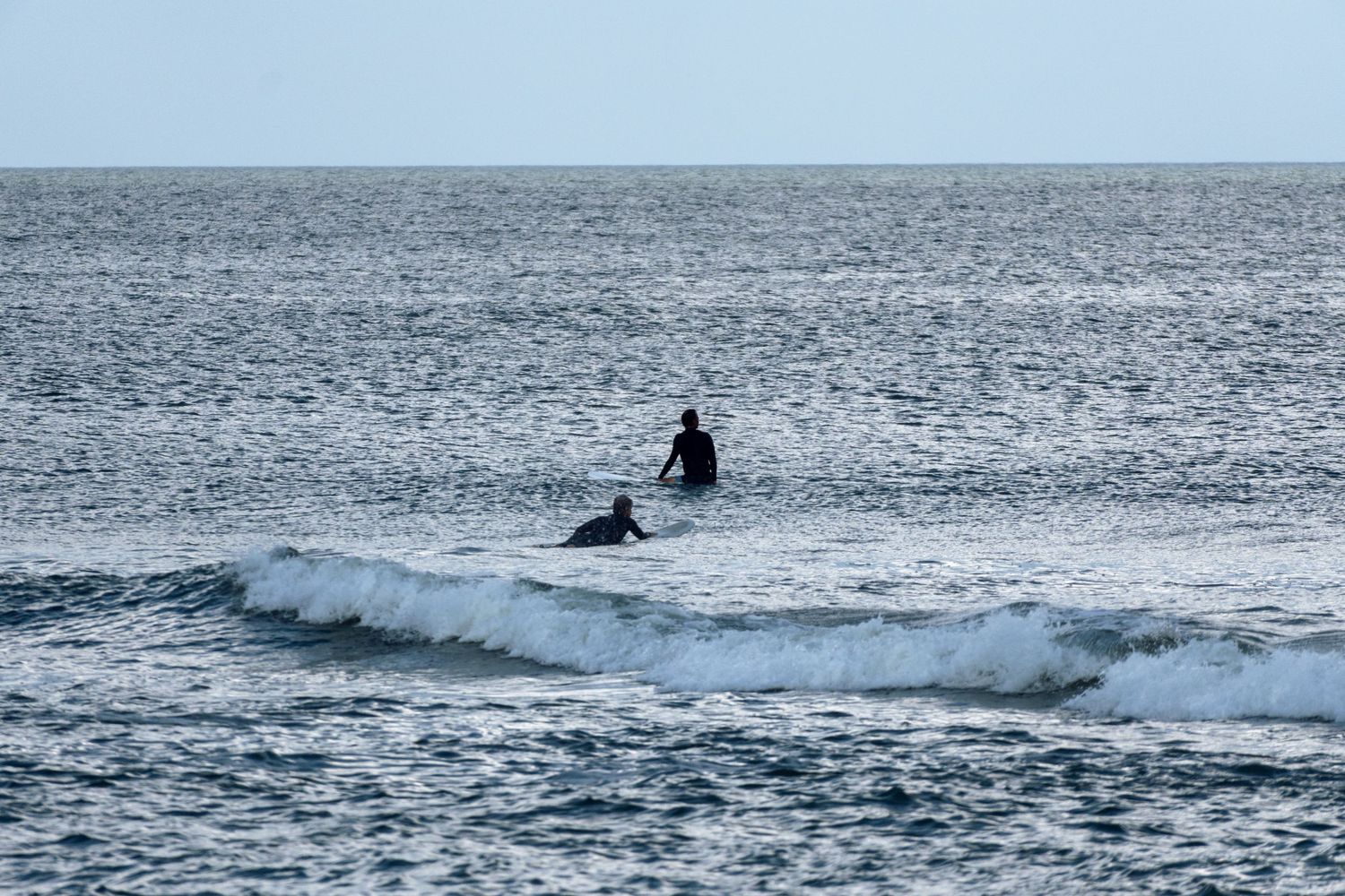 Two surfers in wetsuits navigating small breaking waves in the open ocean.