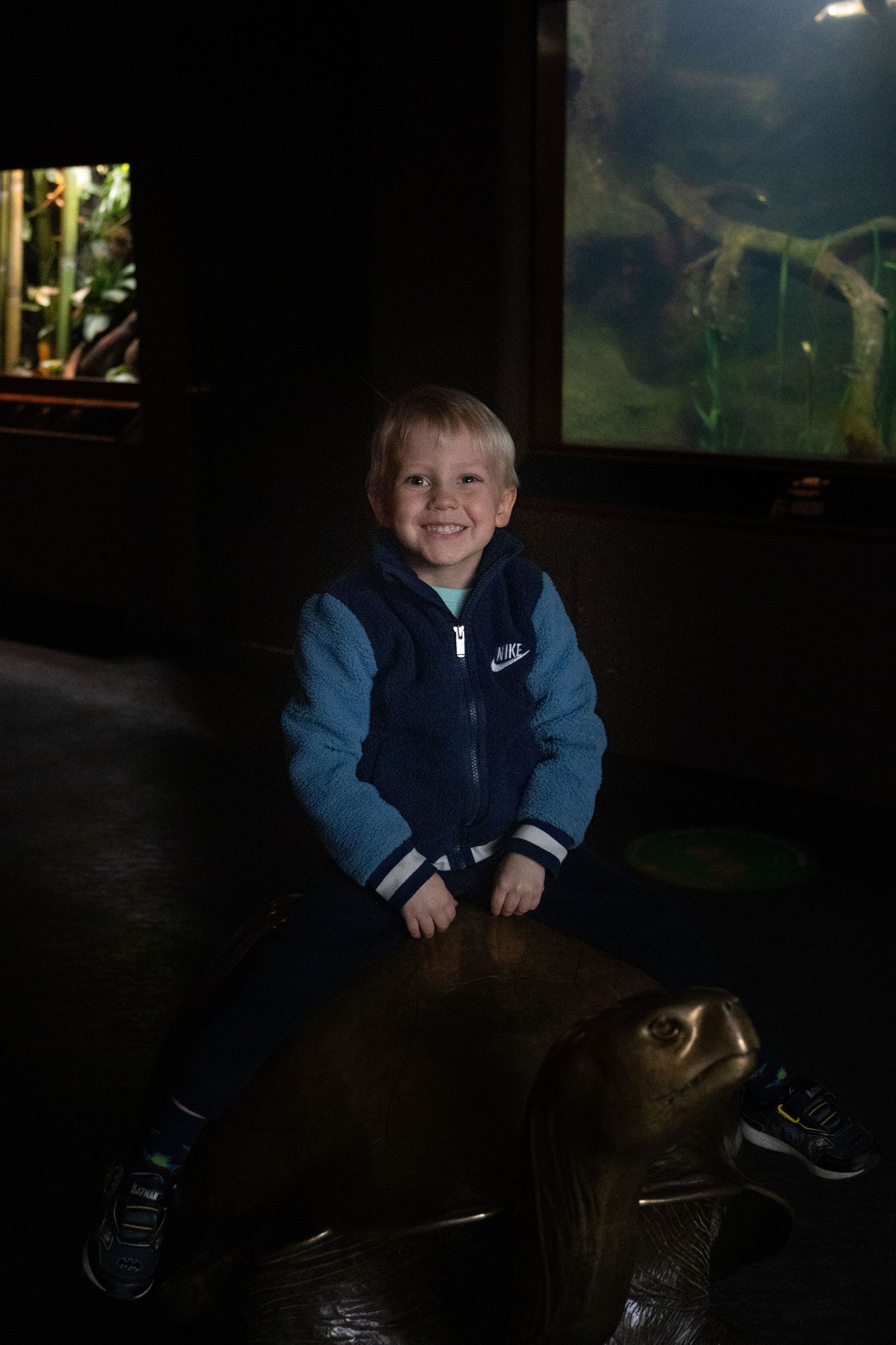 A smiling young boy in a blue Nike jacket sitting on a bronze turtle sculpture in a zoo exhibit.