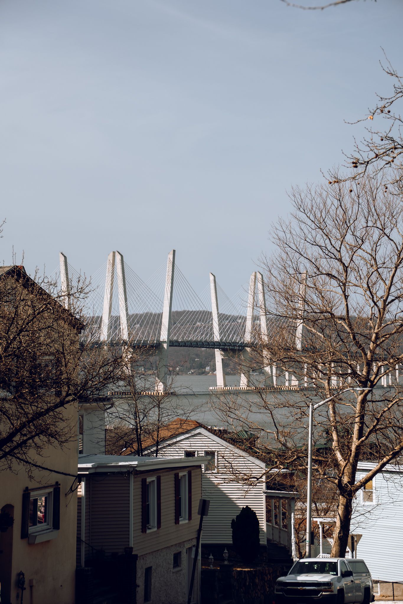 View of a cable-stayed bridge rising above residential rooftops and bare trees.