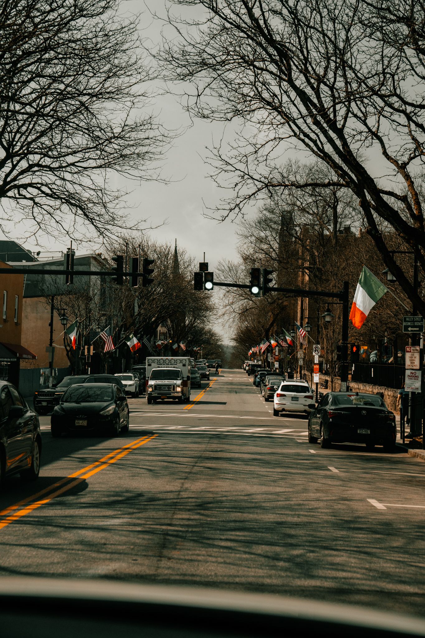 Cars drive down a tree-lined street decorated with Italian and American flags under traffic lights on a cloudy day.