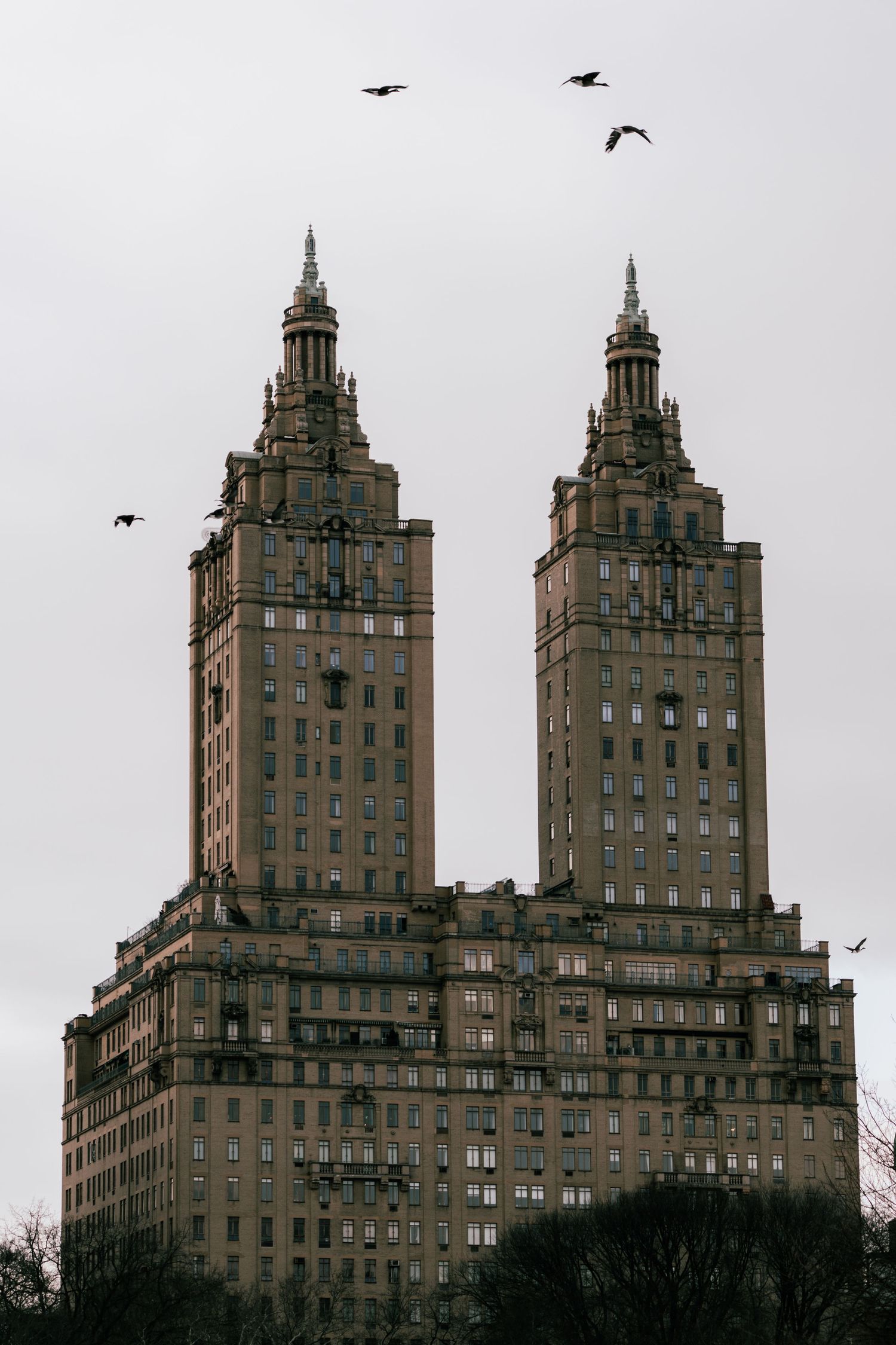 Birds soar above the iconic San Remo twin towers on a cloudy day in New York City.