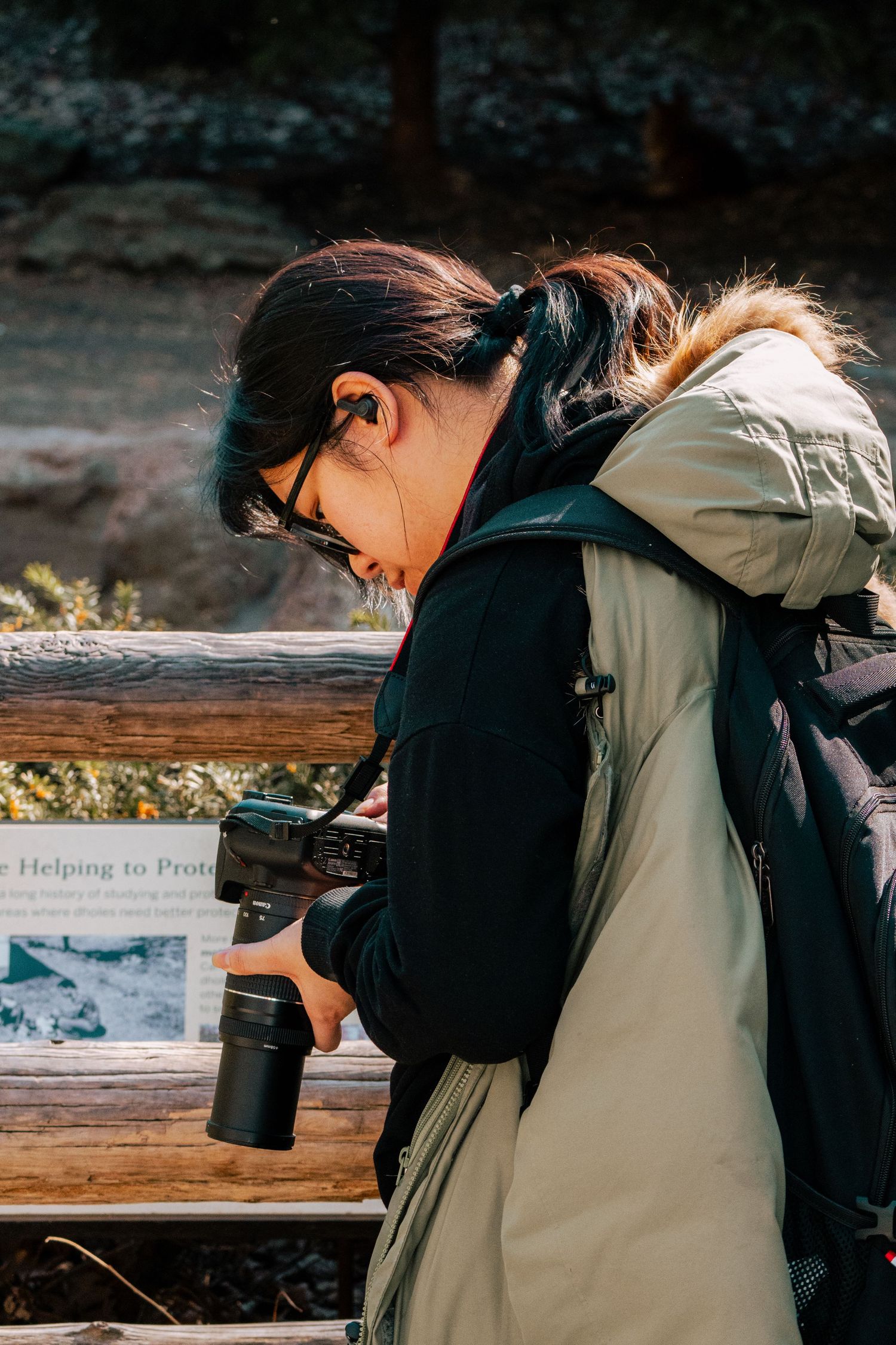 A woman in a winter jacket reviewing photos on a DSLR camera near a wooden fence outdoors.