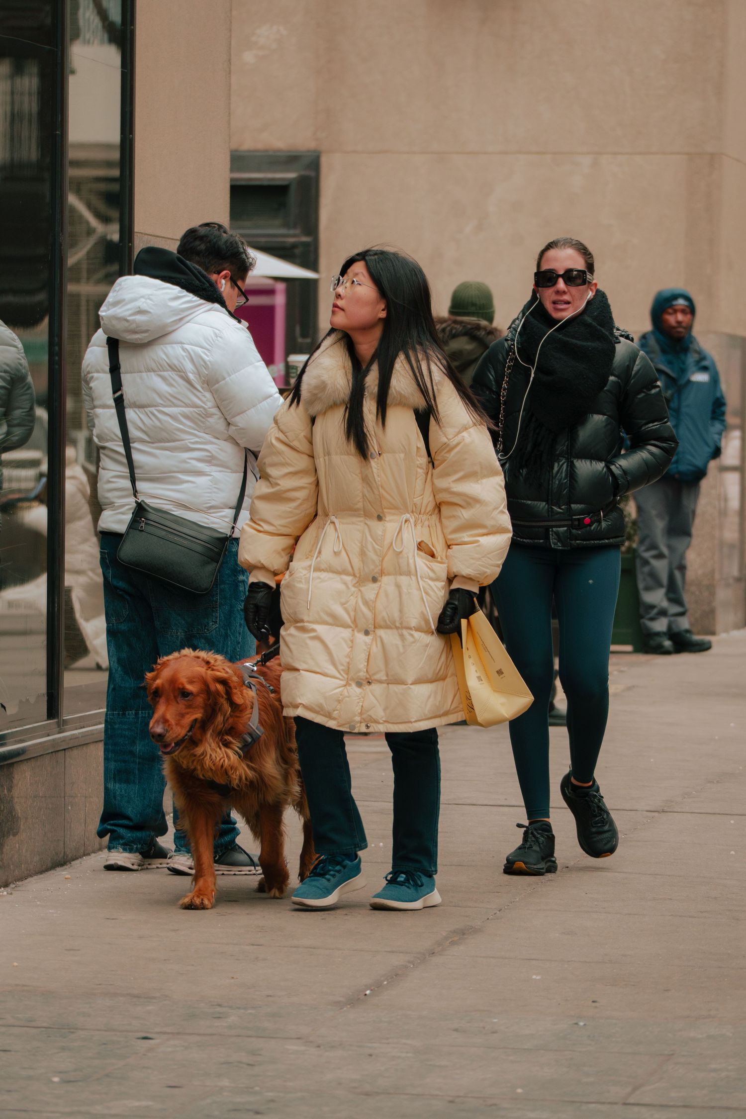 Women in puffer coats walking a golden retriever dog on a busy New York City sidewalk in winter.