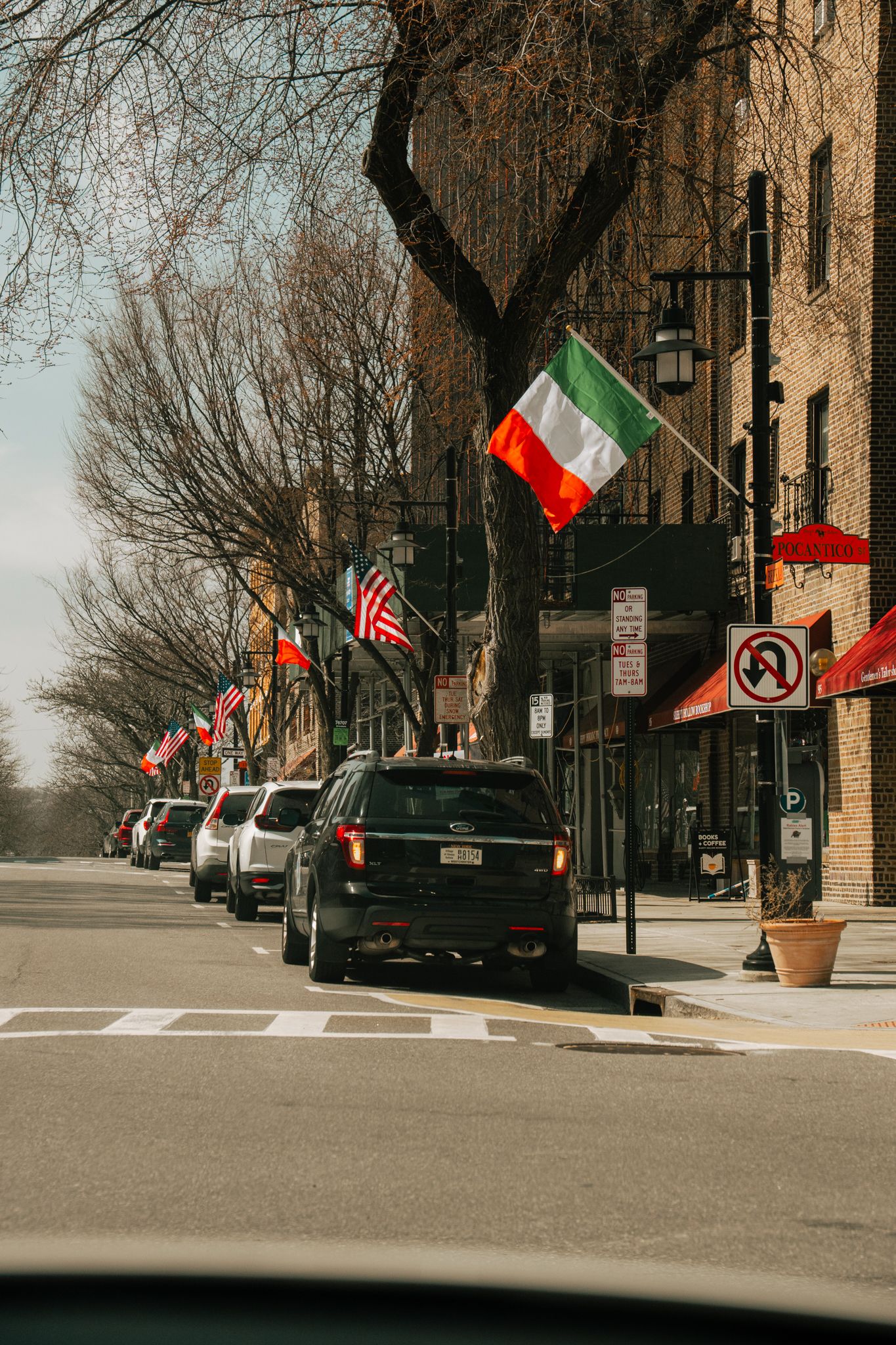Italian and American flags line a quiet urban street with parked cars and bare trees on a winter day.