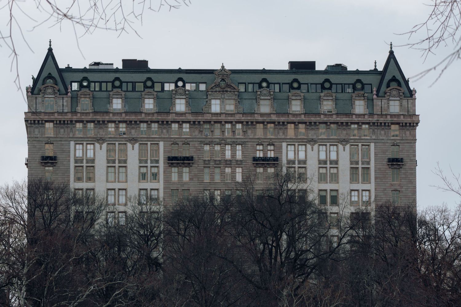 Historic Gothic-style apartment building rising above bare winter trees against an overcast gray sky.