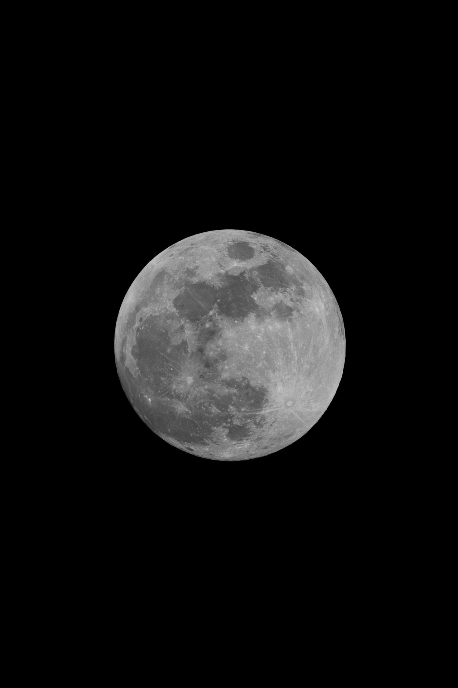 A detailed full moon photographed against a pitch-black night sky, showcasing craters and lunar maria on its surface.