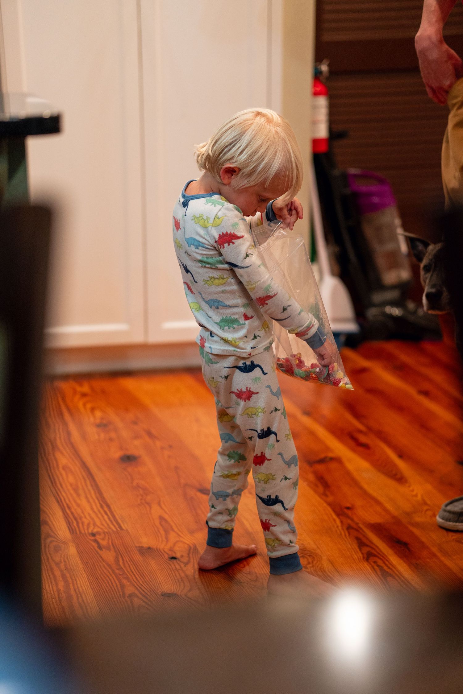 A toddler in dinosaur pajamas standing on hardwood floors indoors.