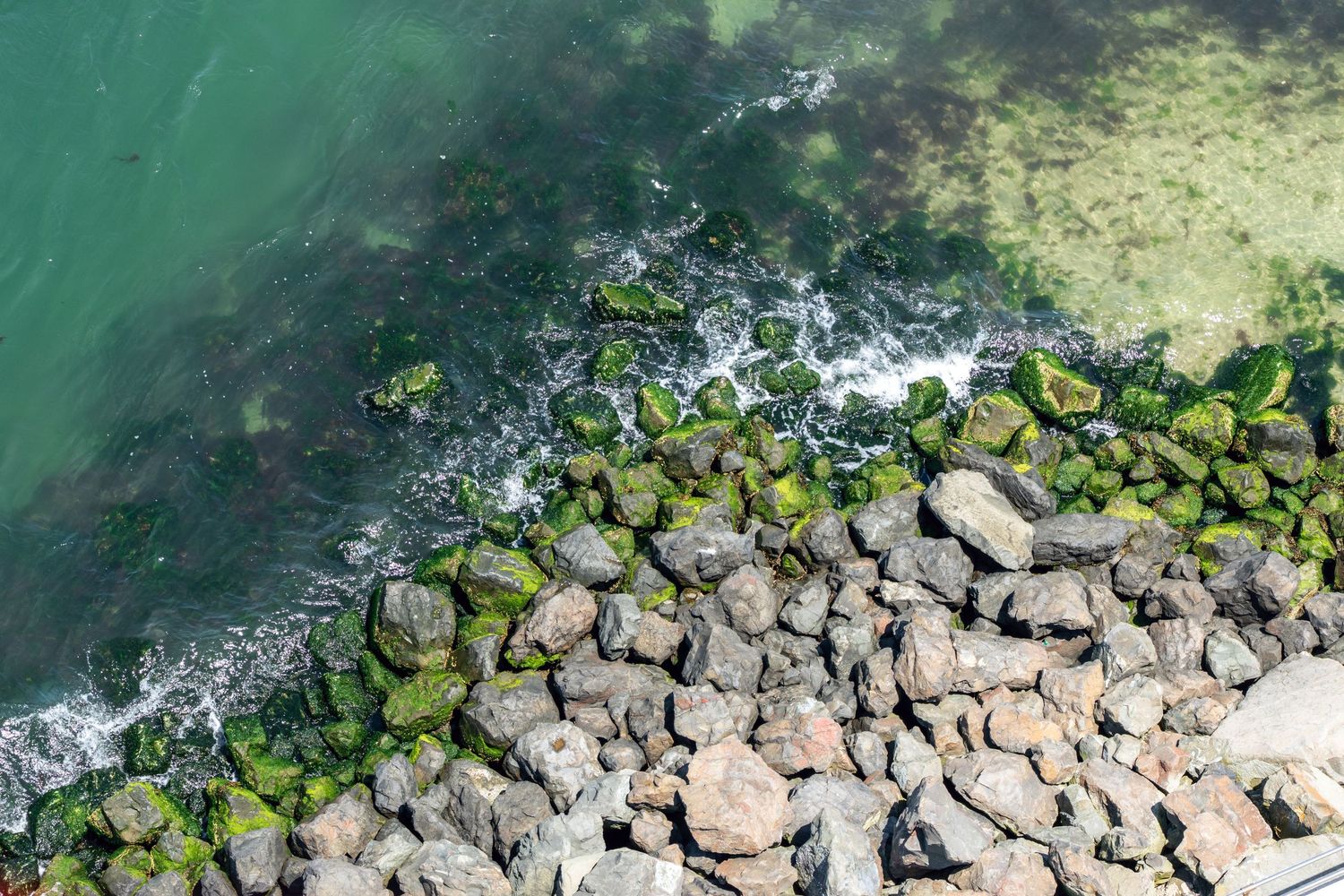 Aerial view of rocky shoreline with moss-covered boulders meeting green ocean waves.