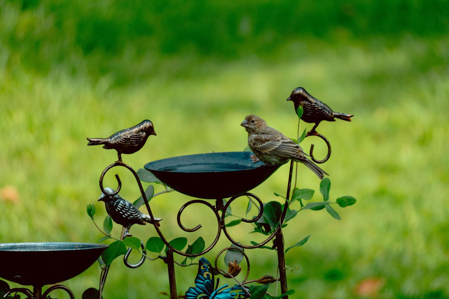 A live sparrow sits among decorative metal bird sculptures on an ornate garden bird bath stand with green background.