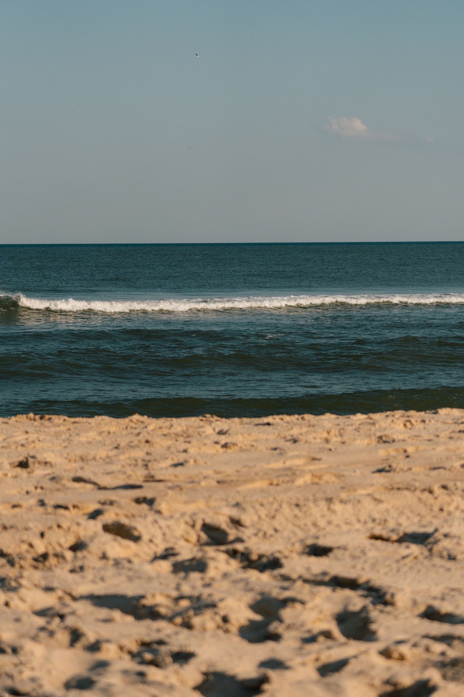 A serene sandy beach with calm blue ocean waves rolling ashore under a clear sky on a sunny day.