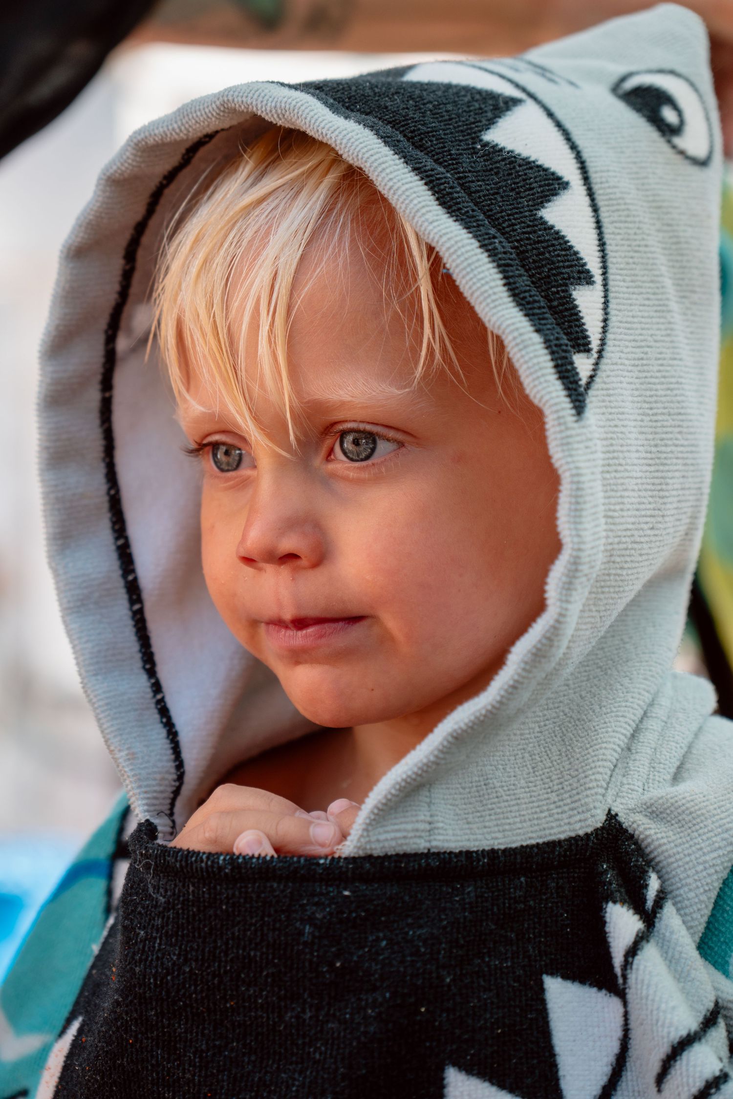 Cute blonde toddler wearing a gray shark hooded beach towel looking sideways.