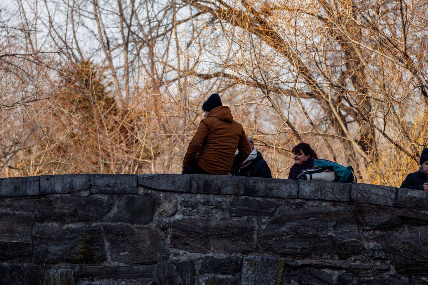 People sitting on a stone wall bridge surrounded by bare winter trees in a park.