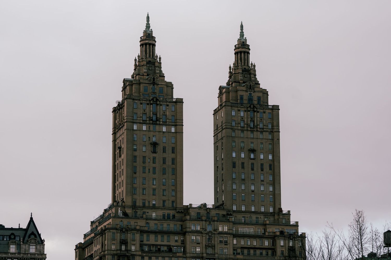 The San Remo twin towers rise against an overcast sky on Manhattan's Upper West Side in New York City.