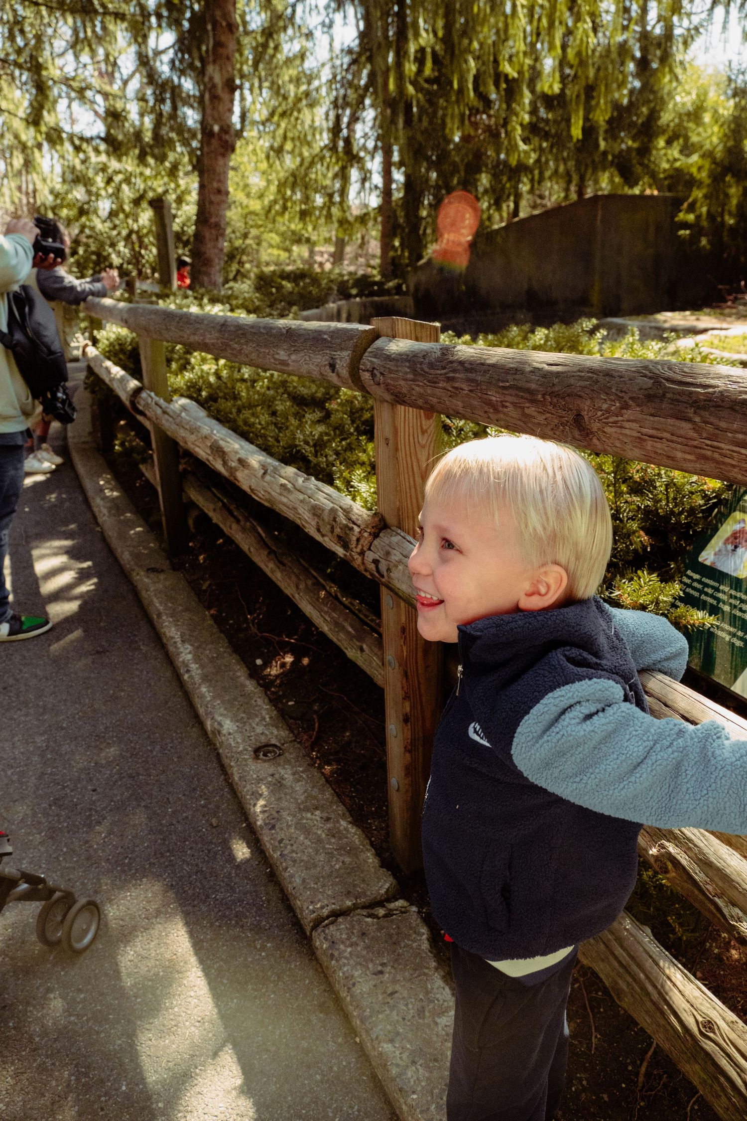 A young blonde child leaning on a wooden fence railing at a sunny zoo pathway.