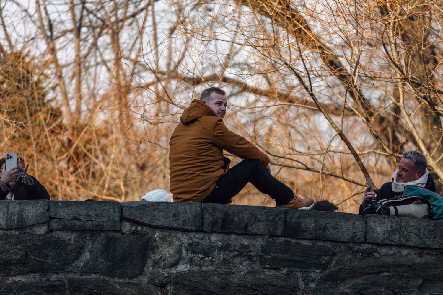 A man in a brown hoodie sits on a stone wall surrounded by bare winter trees in a park.