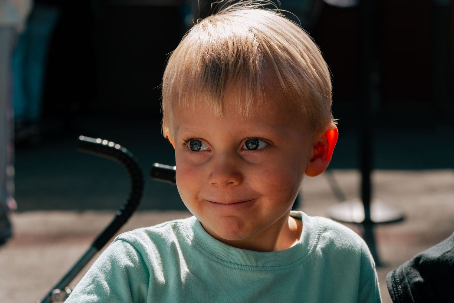 A smiling blonde toddler boy wearing a light blue t-shirt, looking at the camera in warm sunlight.