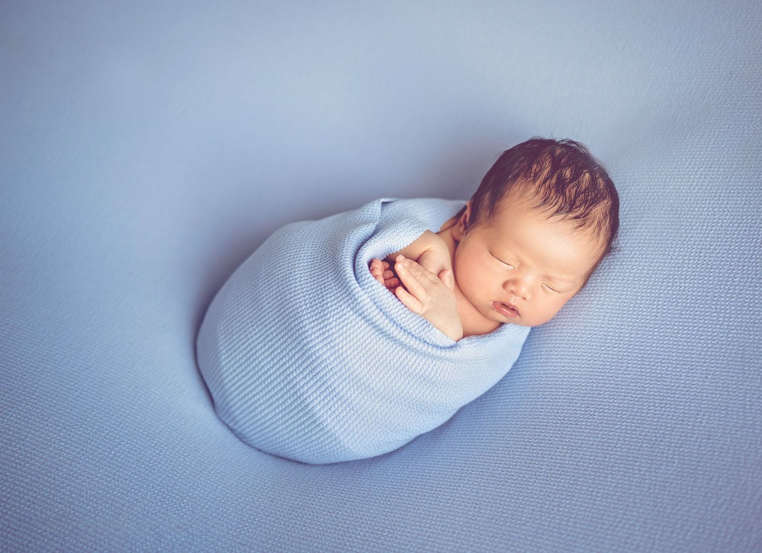 In studio Hillcrest North Shore, Sleeping newborn baby wrapped in blue – newborn photography Auckland North Shore