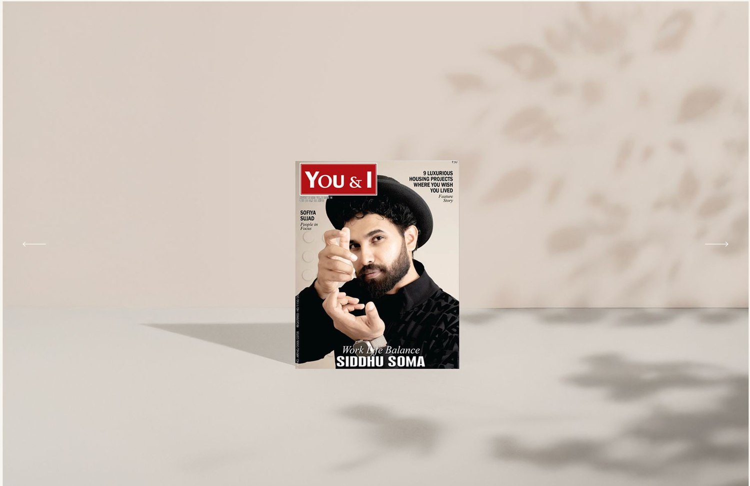 You & I magazine cover featuring Siddhu Soma, a bearded man in a black hat and outfit, posing against a neutral background.