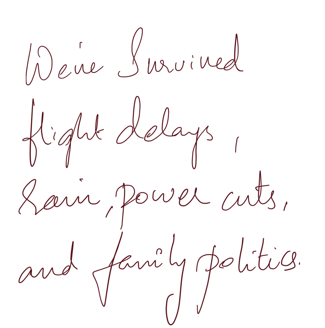Handwritten note in dark red ink reading we've survived flight delays, rain, power cuts, and family politics.