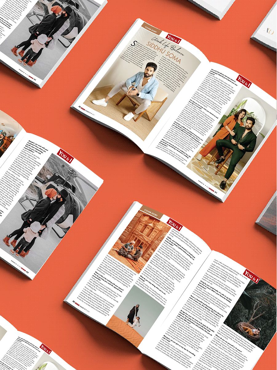 Multiple open magazine spreads with lifestyle photos and articles arranged on a vibrant orange background.