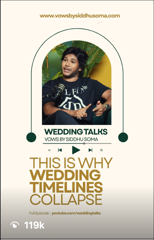 Wedding Talks podcast by Vows by Siddhu Soma discussing why wedding timelines collapse, featuring host in black t-shirt.