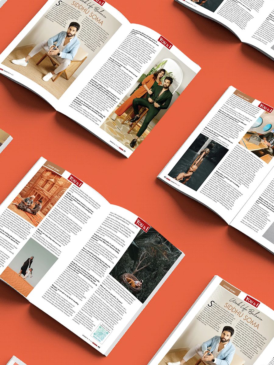 Multiple open magazine spreads with editorial photos and articles arranged on a red background.