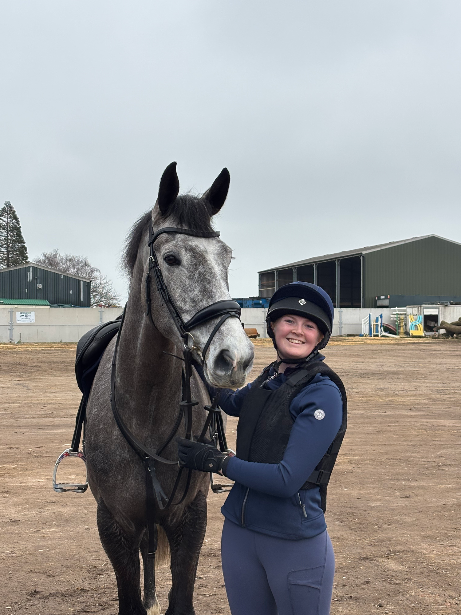 Smiling female rider posing with dapple grey horse in bridle at equestrian yard.