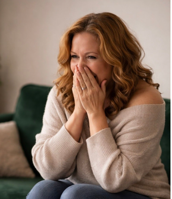 An emotional woman sits on a green sofa with hands covering her mouth in surprise.