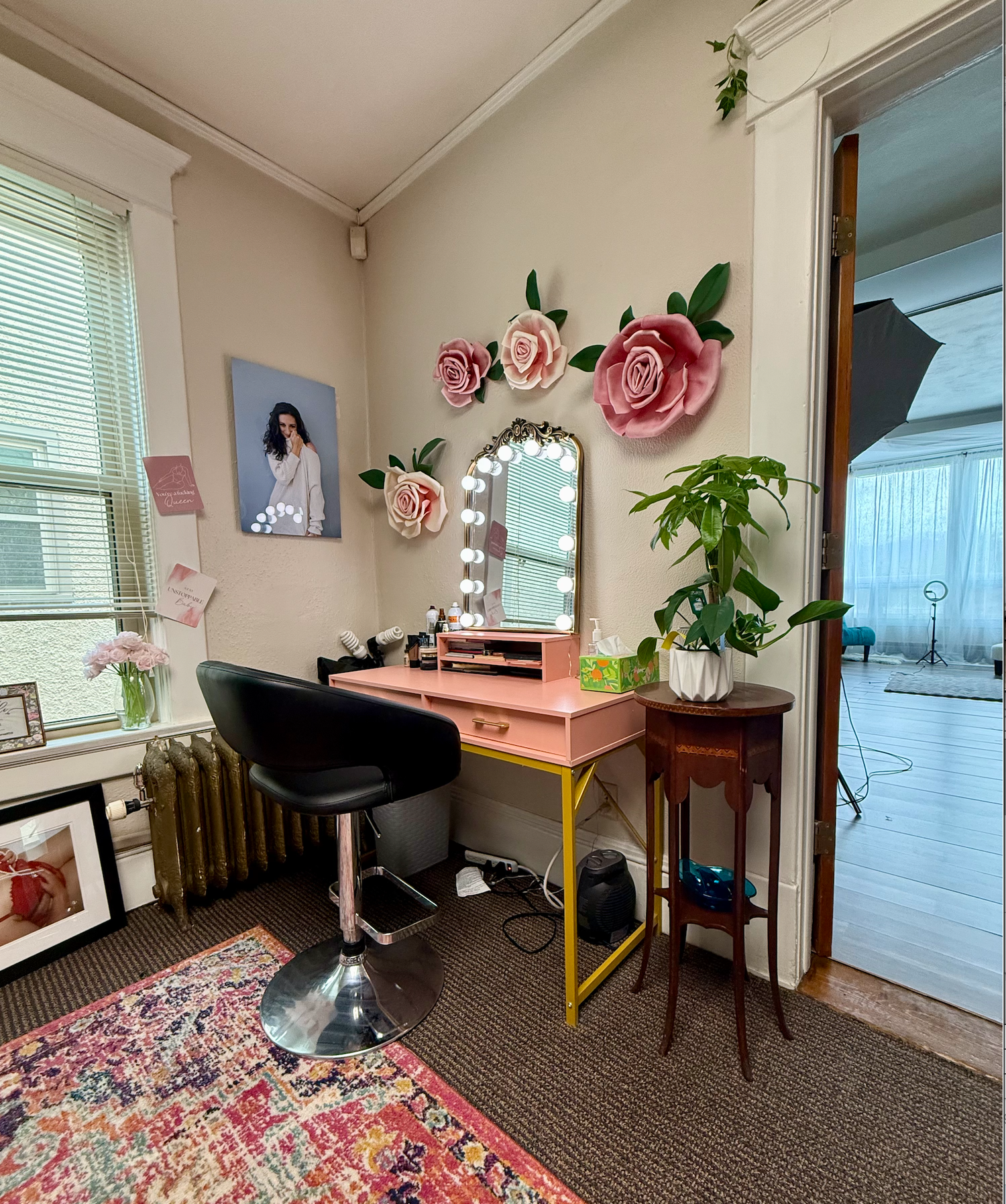 A cozy beauty room corner with hair and makeup station at boudoir photography studio in Colorado Springs.
