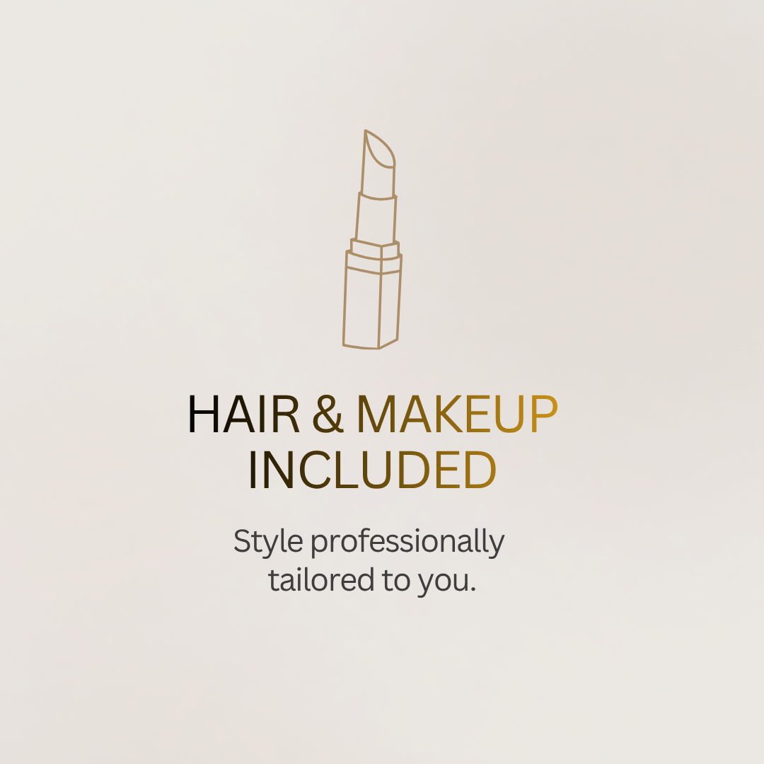 Promotional graphic for hair and makeup services included, featuring a lipstick icon on a neutral background.