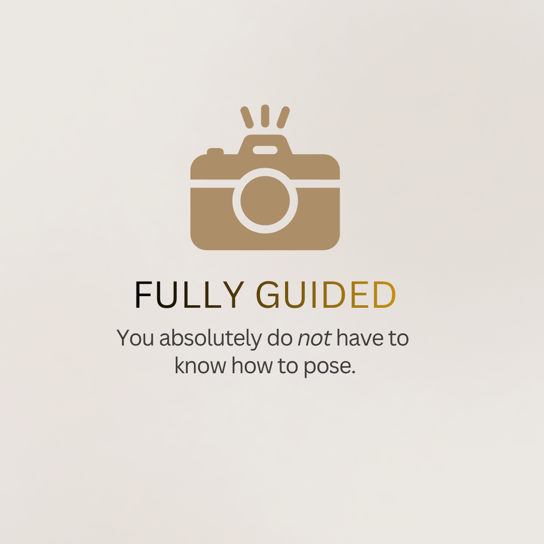Gold camera icon with flash above text reading Fully Guided, assuring clients they do not need to know how to pose.