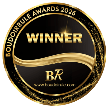 Boudoirrule Awards 2026 Winner gold and black medallion badge with BR logo and website www.boudoirule.com.
