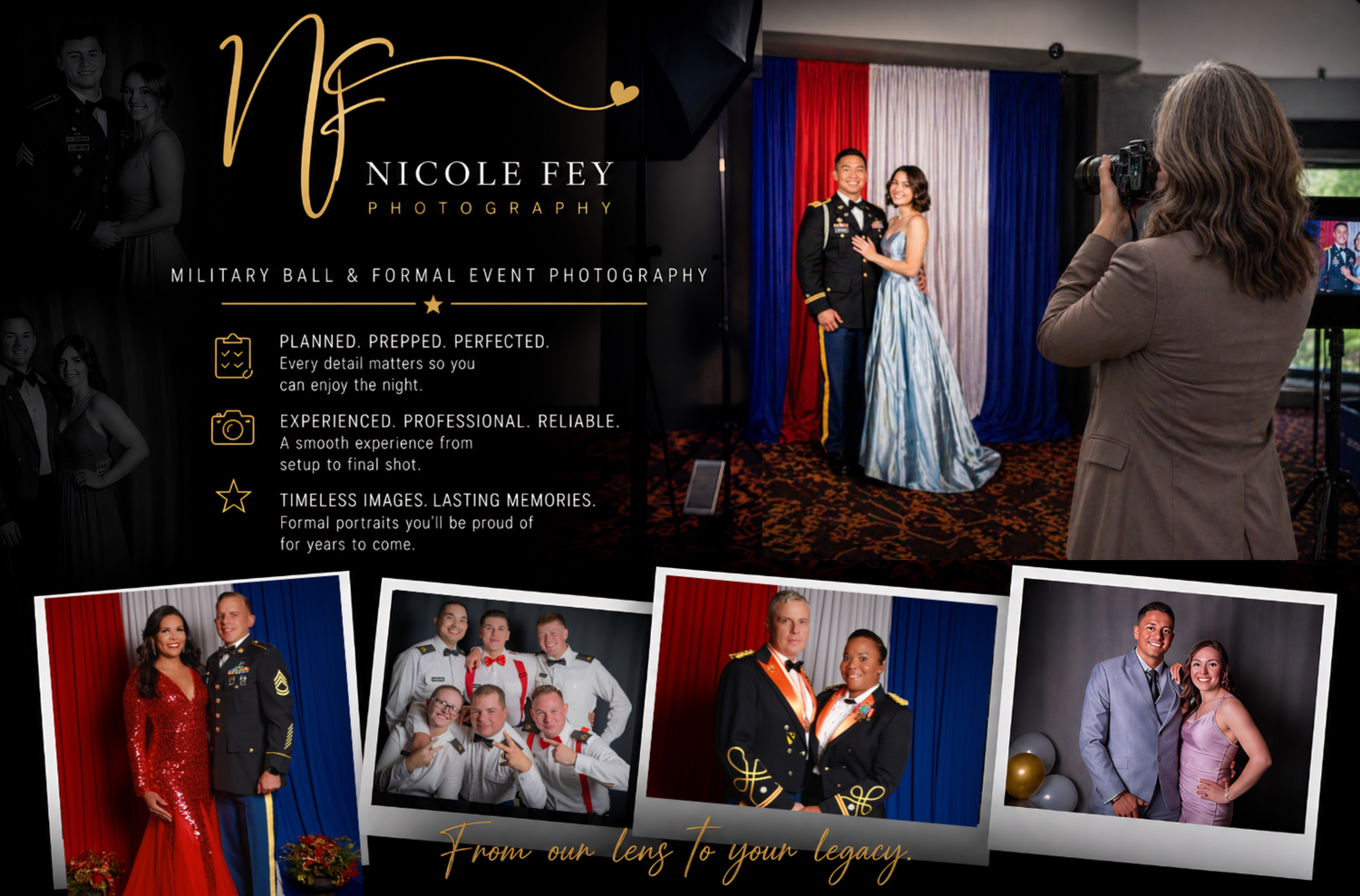Nicole Fey Photography military ball and formal event photography promotional banner with sample portraits.
