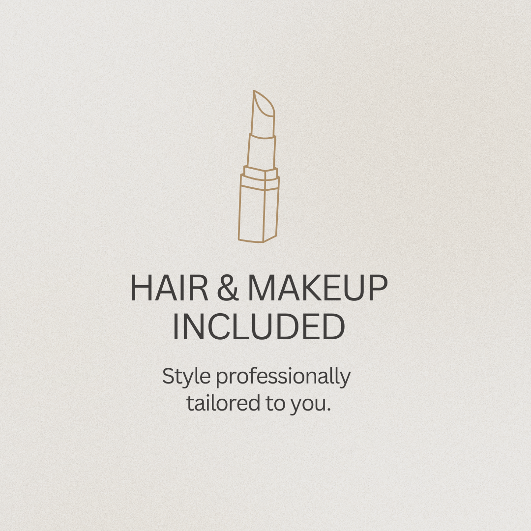 Minimalist graphic with lipstick icon promoting hair and makeup services professionally tailored to each client.