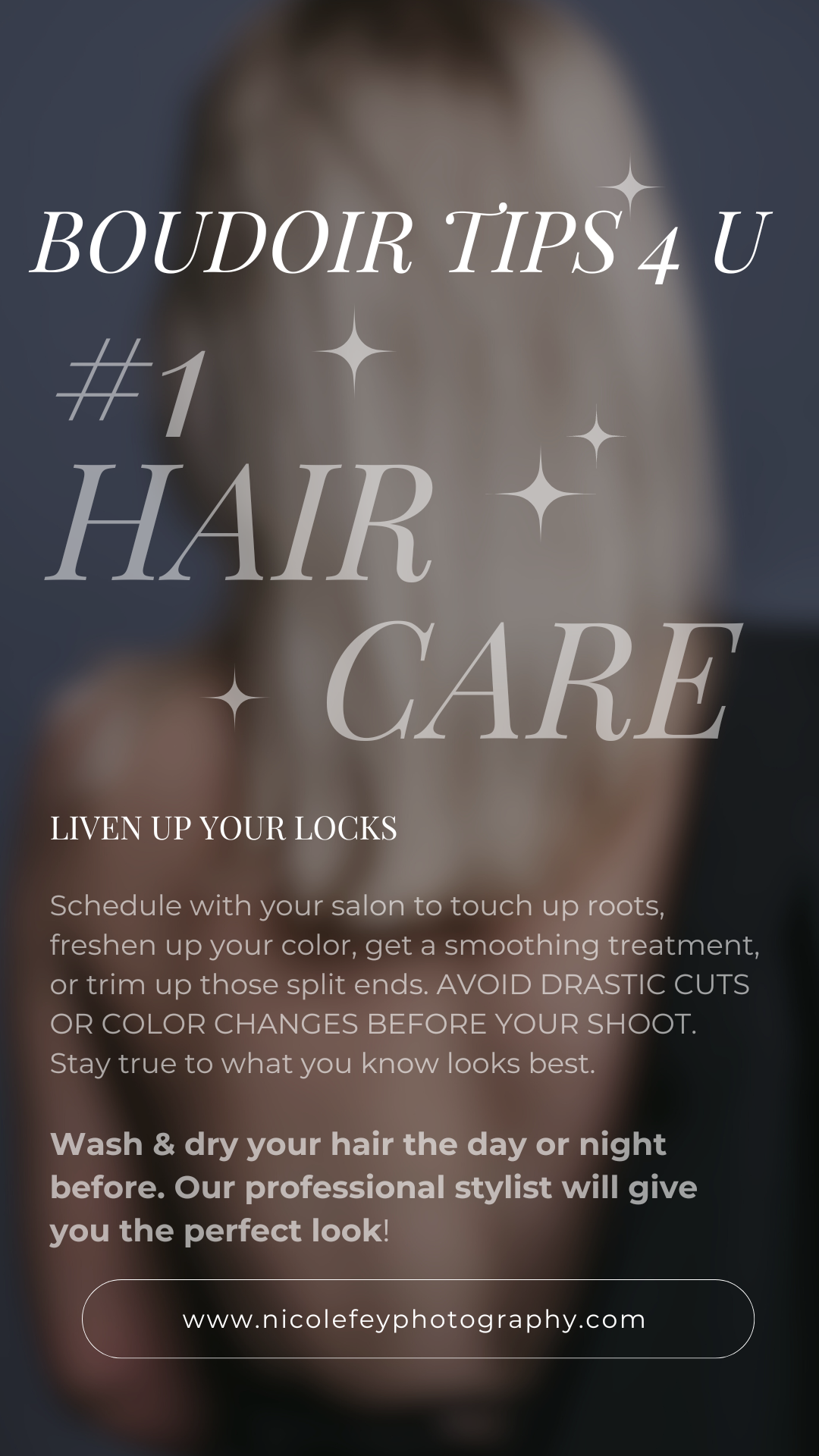 Boudoir photography hair care tips graphic with sparkle elements on dark background.