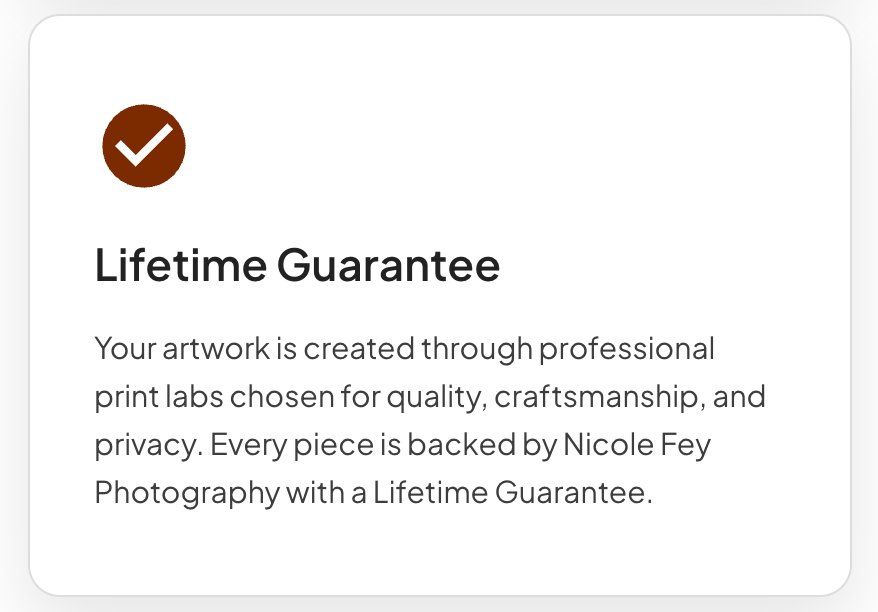 A white card featuring a brown checkmark icon and bold text promoting a Lifetime Guarantee for professional print lab artwork.