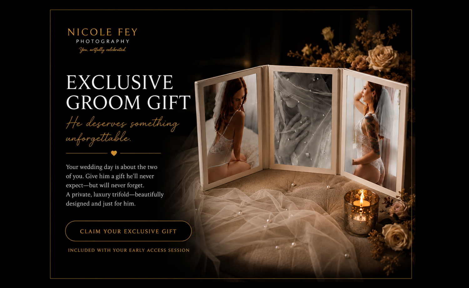 Elegant boudoir photography gift set for grooms featuring framed intimate portraits displayed on a dark luxurious background.
